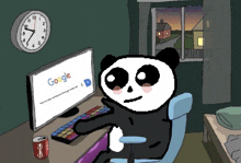 a panda bear is looking at a computer screen that says google on it