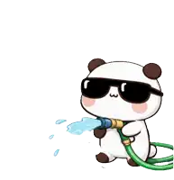 a cartoon of a panda wearing sunglasses spraying water from a hose