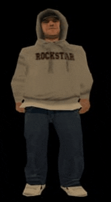 a man wearing a rockstar hoodie is standing in front of a black background .