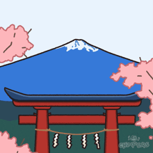 a cartoon drawing of a torii gate with cherry blossoms and a mountain behind it
