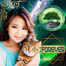 a picture of a woman holding a cat with the words " forever " on the bottom