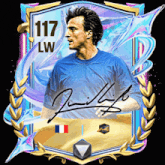 a man in a blue shirt has the number 117 on his shirt