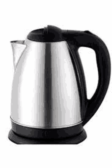 a stainless steel electric kettle with a black handle and lid on a white background .