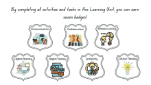 a badge that says " by completing all activities and tasks in this learning unit you can earn seven badges " on it