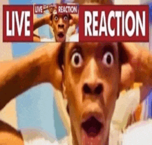 a man is making a funny face with his hands on his head under a live reaction sign .