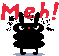 an illustration of a black rabbit with the word meh written above it