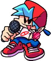a cartoon character is holding a microphone and wearing a hat .