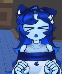 a cartoon of a girl with blue hair and a white shirt