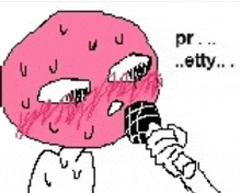 a pixel art drawing of a person holding a microphone in front of a pink face .