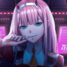 zero two from darling in the franxx is holding a pen in her mouth .