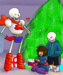 a drawing of a skeleton standing next to a christmas tree with the word sans written on it