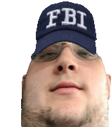 a man wearing a fbi hat and glasses looks at the camera