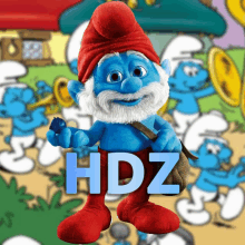 a smurf with a red hat and beard is standing in front of a group of smurfs and the word hdz