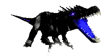 a 3d rendering of a black dinosaur with a blue light coming out of its mouth .