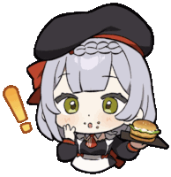 a girl in a beret is holding a hamburger in her hands .