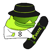 a frog wearing a hat and goggles is holding a skateboard with the word skate on it