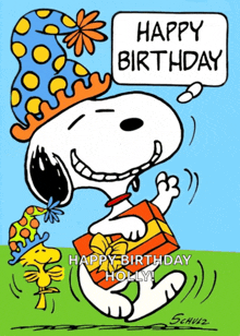 a cartoon of snoopy wearing a party hat and holding a gift box