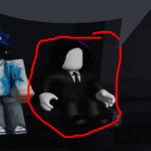 a cartoon character in a black suit and tie is surrounded by a red circle