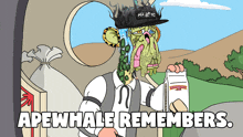 a cartoon of a monkey holding a notepad with the words apewhale remembers