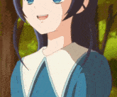 a close up of a girl 's face with blue hair and a white collar