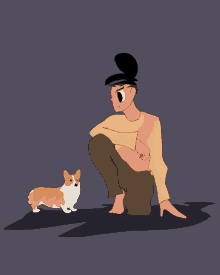 a man squatting down next to a small dog