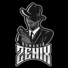 a black and white illustration of a man in a suit holding a gun with the words romania zenik below him