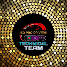 a logo for bd pro drivers technical team surrounded by gold dots