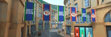 a blurred image of a city street with flags hanging from buildings including one that says route 92