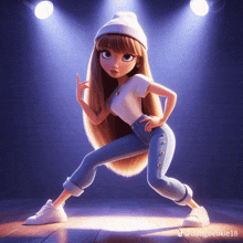 a cartoon girl with long hair and a white hat is standing on a wooden floor