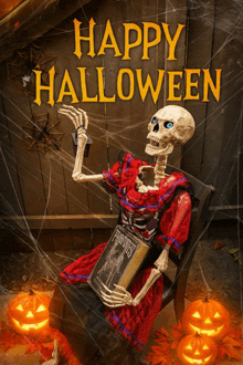 a skeleton is sitting in a chair holding a book that says " frankenstein 's monster "