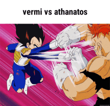 a cartoon of vermi vs athanatos with a purple background