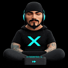 a man wearing headphones and a black shirt with an x on it sits in a lotus position