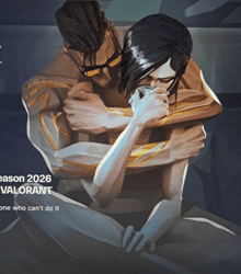 a poster for valorant season 2026 shows a man and woman hugging