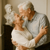 a man and woman are hugging and smiling with a bust in the background