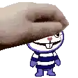 a pixel art of a hand petting a purple and white striped cartoon character .