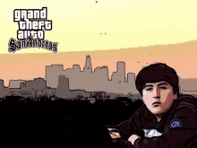 a poster for grand theft auto san andreas with a boy in front of a city