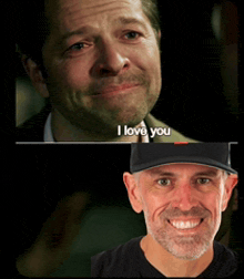 a man in a black hat says i love you next to another man