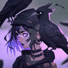 a drawing of a girl with a crow on her head has the url for the artist on the bottom