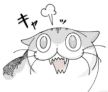 a drawing of a cat with its mouth open and fangs