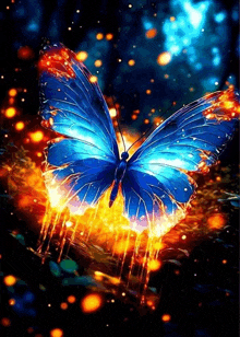 a blue butterfly is surrounded by fireflies in a forest