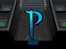 a blue letter p is sitting on a blue block in a video game .