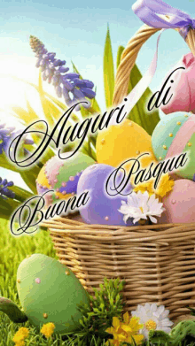 easter eggs in a basket with the words auguri di buona pasqua on the bottom