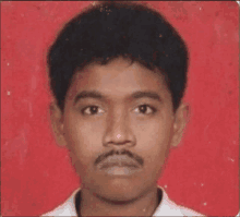 a young man with a mustache looks at the camera with a red background