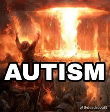 a painting of a man standing in front of a large explosion with the word autism written on it