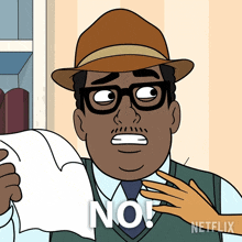 a man with glasses and a hat is holding a piece of paper and says no