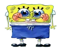 a cartoon of spongebob wearing blue shorts and socks