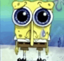 spongebob squarepants is a cartoon character with big eyes and a sad face .