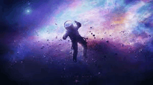 a man in a space suit is falling through a galaxy .