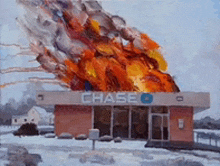 a painting of a chase bank that is burning