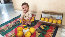 a baby sits on a rug next to a basket of lemons